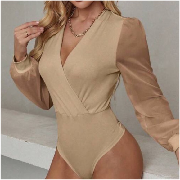 Khaki v neck overlap Long sleeve bodysuit - Picture 2 of 4